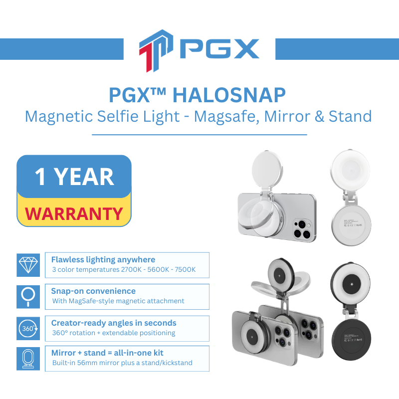 PGX™ HaloSnap Magnetic Selfie Light – MagSafe, Mirror & Stand