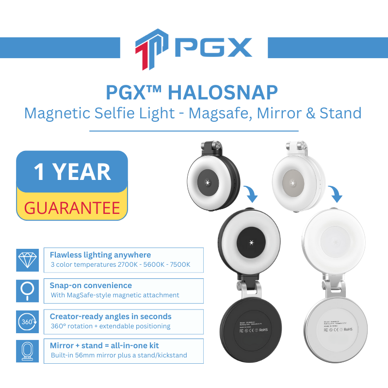 PGX™ HaloSnap Magnetic Selfie Light – MagSafe, Mirror & Stand