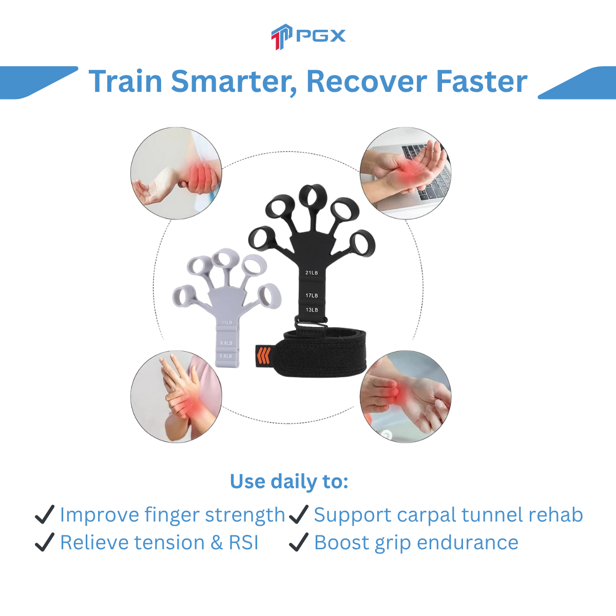 PGX™ FlexBand Grip – Adjustable Finger Exerciser (6 Tension Levels)